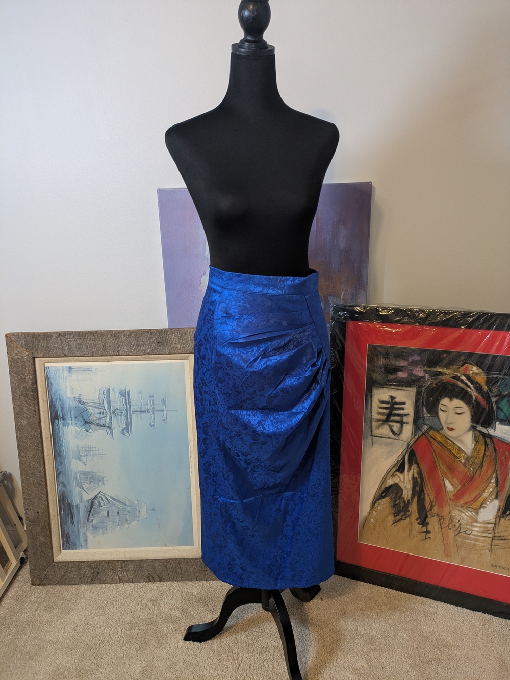 Shein Royal Blue Women's Satin Jacquard Skirt Size S 80s Retro